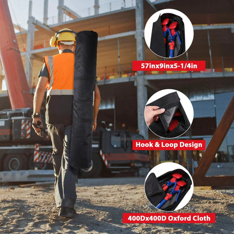 Worker carrying Cabinet Jack Support Pole, 54-114 Inches Steel Telescopic Quick Support Rod in a 57in carrying case