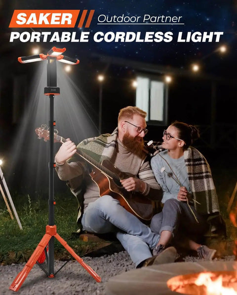 Beefed Up 12000mAh Portable Camping Light With Stand, 3200 Lumen Rechargeable Work Light, 73.2 Inch Tall With Three Rotatable Panels in use outdoors