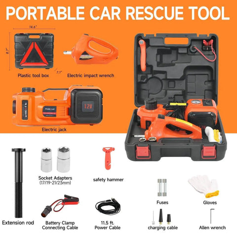 Fast 5-Ton Electric Car Jack Kit With 12V Hydraulic Lift And Impact Wrench For SUV MPV Sedan And Truck in portable tool box