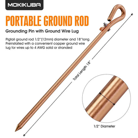 Portable Copper Ground Rod With Ground Wire Lug, Half Inch Diameter, Eighteen Inch Long, Preinstalled Pigtail For Wires Up To Four AWG