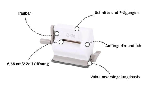 Front view of Portable Die Cutting And Embossing Starter Kit For Arts And Crafts Scrapbooking And Cardmaking On The Go Sizzix Sidekick 661770 Included Compact Manual Cutter With 6.35 cm And 2.5 Inch Openings White, showing key features.