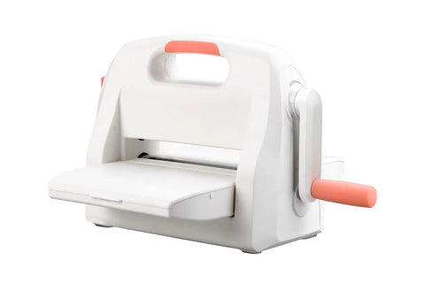 Die Cutting And Embossing Machine With Adjustable Height Gear System For Effortless Crafting, 9 Inch Opening, white with handle.