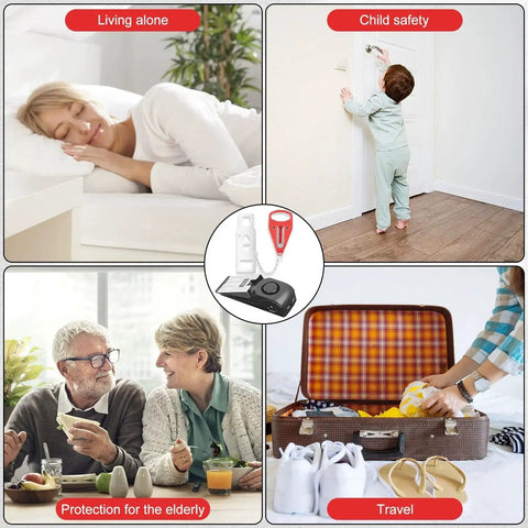 Collage of Portable Door Lock And Alarm Kit For Travel And Home Privacy And Safety Dual Protection With A Door Stop Alarm And 120 dB Siren in use for various needs.