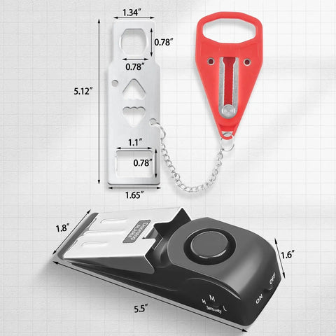 Portable Door Lock And Alarm Kit For Travel And Home Privacy And Safety Dual Protection With A Door Stop Alarm And 120 dB Siren Ideal For Hotels Apartments Dorms College Campuses And On The Go Security showing lock and alarm dimensions on graph paper background.