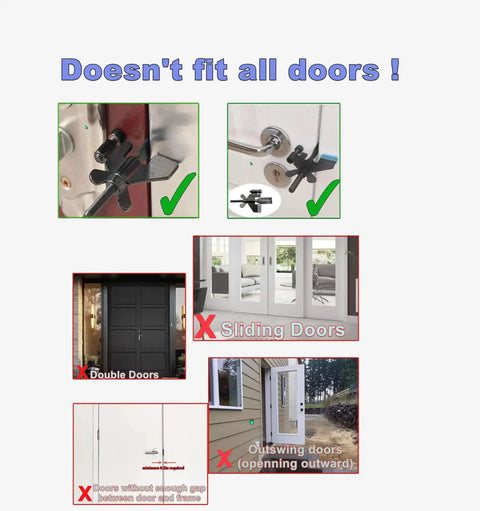 Diagram showing fitment of Stay Safe Anywhere Heavy-Duty Portable Door Lock; fits interior doors, not suitable for sliding or outswing doors.