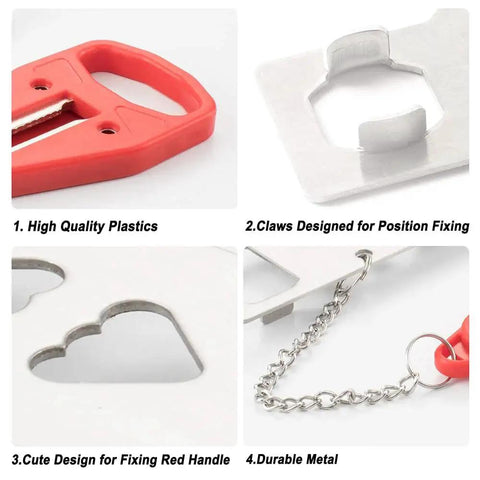 Portable door lock delivers instant privacy and extra security on the go with tool-free installation details, red plastic and silver metal.