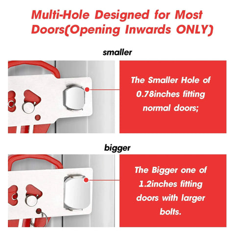 Two views of a portable door lock with multi-hole design for inward-opening doors, showcasing smaller and bigger hole options.