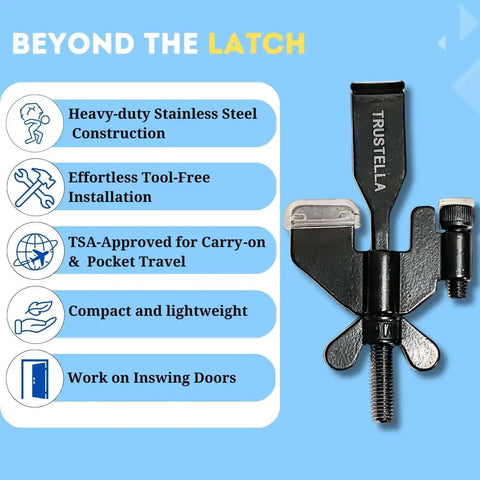 Stay Safe Anywhere Heavy-Duty Portable Door Lock, stainless steel, with silicone protector caps, TSA approved, compact design shown.