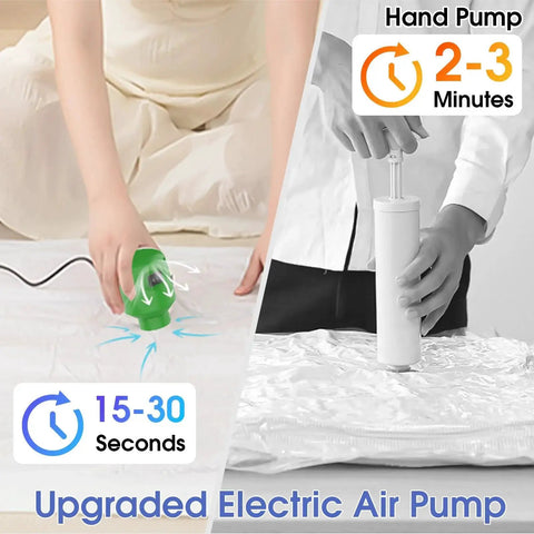 Side-by-side comparison of Portable 5000Pa Vacuum Storage Pump and hand pump for compressing clothes.