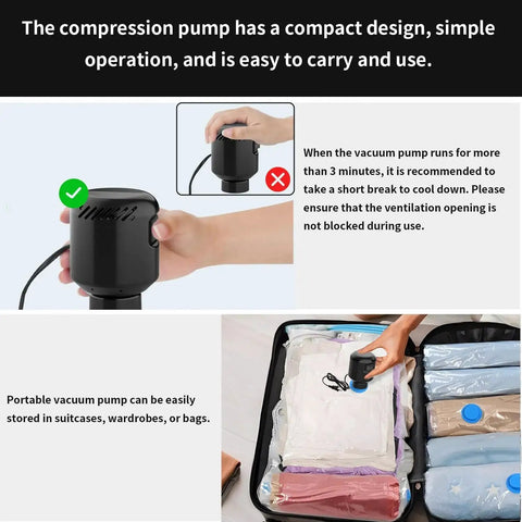 Electric Pump For Vacuum Storage Bags And Vacuum Sealer Bags Portable Air Pump being used on clothes in a vacuum bag