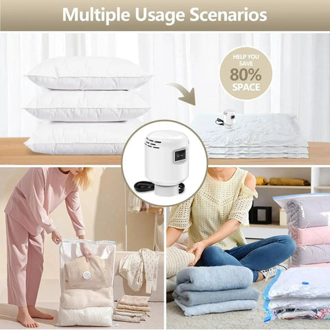 Portable Electric Vacuum Pump For Travel And Home That Quickly Deflates Vacuum Storage Bags, shown with pillows and packed clothes.