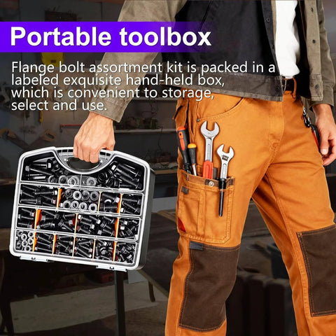Man holding portable toolbox with Metric Flange Bolt Set 400 Pcs 10.9 Grade M6x1.0 M8x1.25 M10x1.5 Black Hex Bolts Nuts