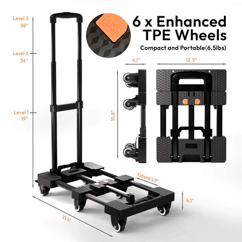 ✝️ Folding Hand Truck 500lbs, Portable Heavy Duty Dolly Cart with 6 Wheels Collapsible, shown with dimensions and features