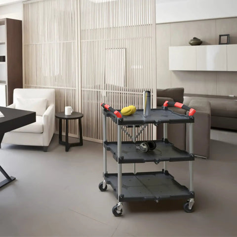 Portable Folding Tool Service Cart On The Go With 150 Lb Capacity, Locking Mechanism, Three Shelf Ergonomic Design