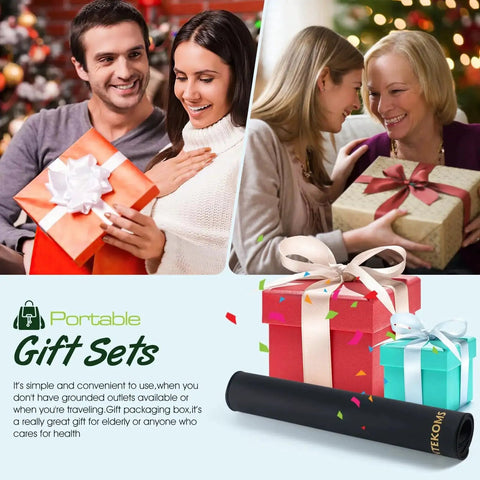 Couple exchanging gifts, two women smiling with presents, and colorful gift boxes with confetti on a festive background