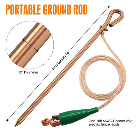 Portable Grounding Rod With 4 Ft Flexible Copper Bonding Wire And Copper Clip, One Half Inch Diameter Rod, Copper Clad Construction