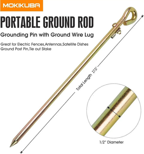 Portable Ground Rod With Ground Wire Lug For Electric Fences Antennas Satellite Dishes And Tie Out Stakes Half Inch Diameter