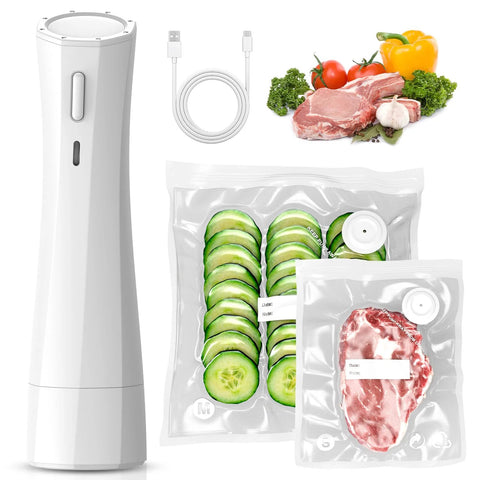 Handheld vacuum sealer, white cordless USB-rechargeable; two vacuum bags with cucumber slices and meat