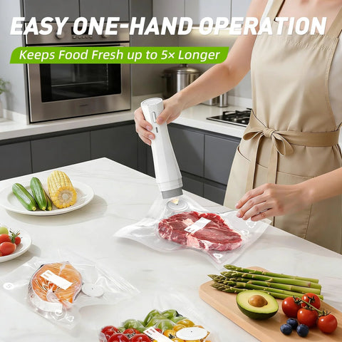 White cordless handheld vacuum sealer sealing meat in a bag on kitchen counter with vegetables nearby