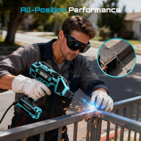 Person using E6013 2.5 Lb Carbon Steel Welding Rods for arc welding metal railing outdoors.