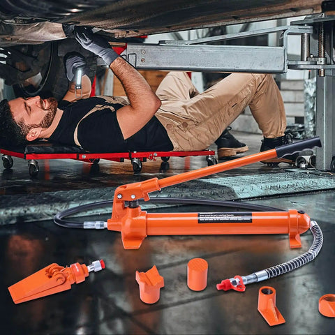 12 Ton Porta Power Kit With Long Handle And 4.6 Ft Hose, Portable Hydraulic Jack For Auto Body Frame Repair, shown with accessories