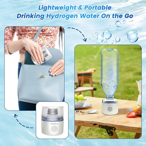 Woman placing Hydrogen Water Bottle With 3 In 1 System 2300 PPB SPE PEM Technology in bag; bottle on table outdoors.