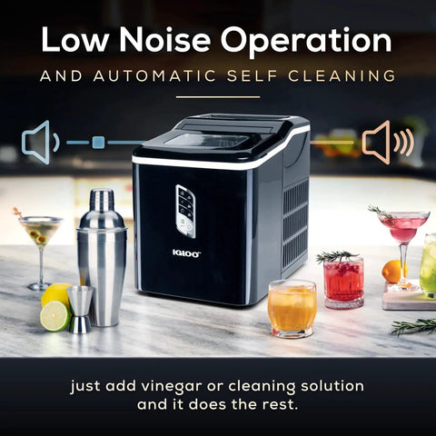 Portable Countertop Ice Maker With LED Control Panel and drinks, produces 26 lbs of ice/day, ideal for home, kitchen, office, RV, outdoor use.