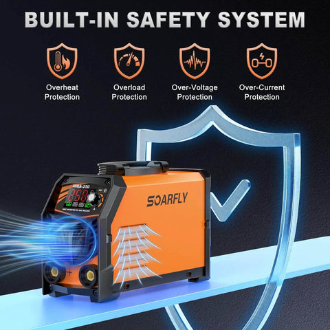 Dual Voltage 110V 220V 250Amp Arc Welder With Large Led Display Portable IGBT Inverter Stick Welder Includes 10 Rods Ground Clamp Electrode Clamp Hot Start Arc Force Anti Stick Soarfly, safety features displayed