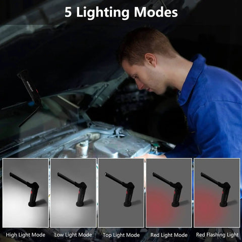 Portable LED Work Light 4 Pack With Magnetic Base And Hanging Hook, 360 Degree Rotation, 5 Modes, 800 Lumen COB LED in use during car repair