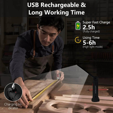 Man using Portable LED Work Light 4 Pack With Magnetic Base And Hanging Hook in workshop, showing USB rechargeability.