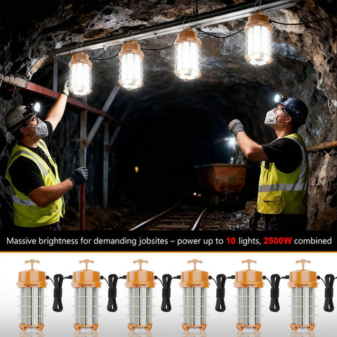 Two workers in a tunnel with Ultra Bright 250W LED Temporary Work Light With 37,500 Lumens and 5000K Daylight, Portable Linkable IP65 Construction Lighting for Indoor and Outdoor Use, Durable Job Site Lighting With On Off Button hanging above.
