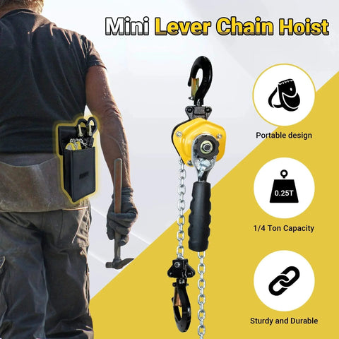 Manual Lever Chain Hoist One Quarter Ton Capacity Portable Come Along With 10 Foot Lift And G80 Chain Hook depicted with worker and tools.
