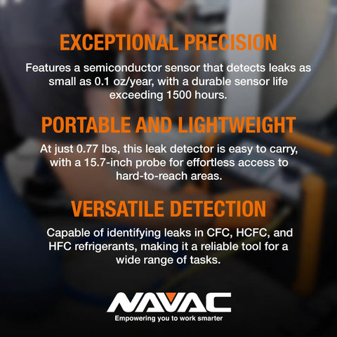 NAVAC NML1 refrigerant leak detector with semiconductor sensor for CFC/HCFC/HFC leaks; portable and lightweight