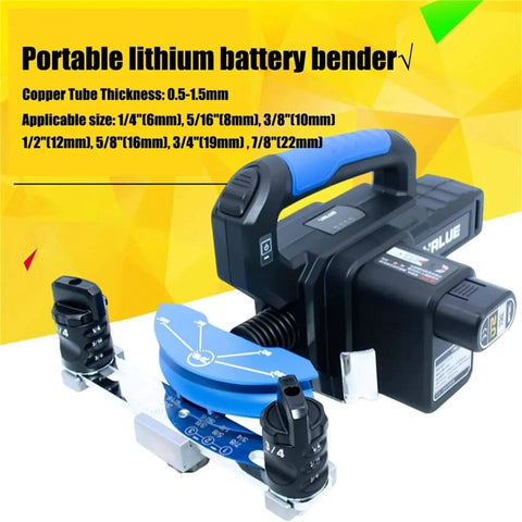 Electric Tube Bender Kit For Soft Copper And Aluminum Tubing With 1/4 To 7/8 Inch Dies, battery powered, shown in blue and black