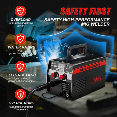 3 in 1 MIG TIG Stick Welder for Home DIY and Metal Repair, 145A Flux Core Inverter Gasless Welder With Synergy Control showing safety features