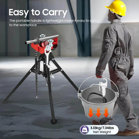 Worker using Hand Held Oiler Bucket Kit with Oil Gun for Pipe Threading Machines, portable drum tool, 1-gallon plastic, corrosion resistant.