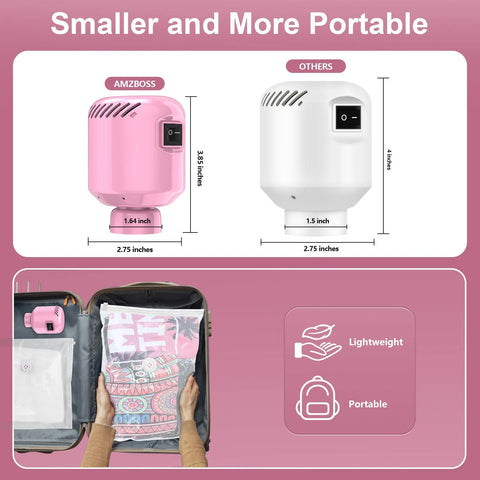 Electric vacuum pump set; two pumps shown: pink AMZBOSS unit, 3.85 in tall, beside white generic pump, 4 in tall, for storage bags.