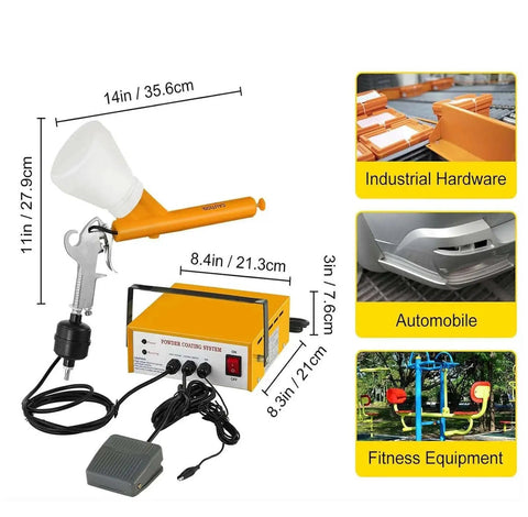 Portable Electrostatic Powder Coating Gun System With Foot Switch, showing dimensions and applications for various equipment.