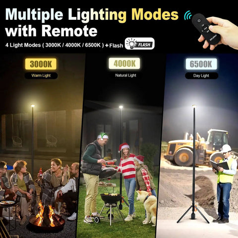 All Purpose 360 Degree Rechargeable Work Light With Remote Telescopic Stand Extends From 2.3 Feet To 8.4 Feet Ultra Bright 3000 Lumens Adjustable 3 CCT Dimming 6000mAh Battery Portable Camping And Jobsite Lighting For Workshop Sports And Emergencies in use at campfire, barbecue, and construction site.
