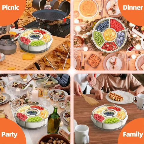 Four settings featuring Six Compartment Divided Serving Tray With Lid And Handle Portable Snack Box for fruits, candy, and nuts.