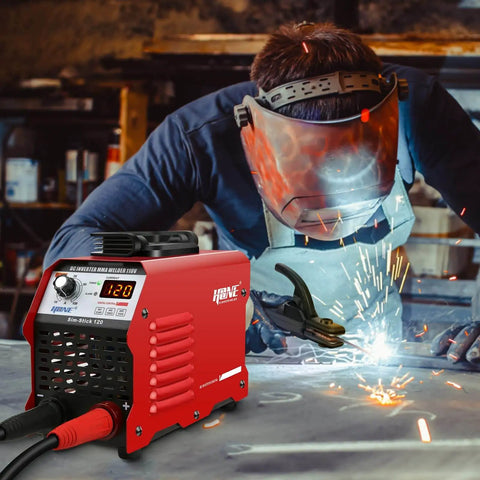 Welder using Stick Welder 110 Volt Portable Arc Welder With 120 Amp Output, Smart Hot Start And Arc Force, in action, sparks flying