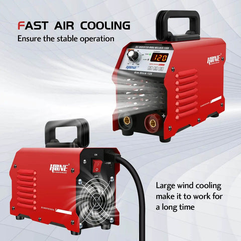 Stick Welder 110 Volt Portable Arc Welder With 120 Amp Output, Smart Hot Start, front and back view with digital display and cooling fan