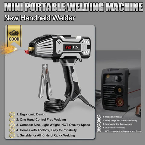 Portable 250 Amp Stick Welder With 110V Inverter LCD Display and ergonomic design, shown with toolbox and rods, close-up view.