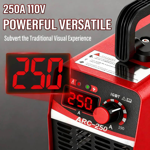 Close-up of Portable Stick Welder Kit All In One 250Amp 110V Beginner Friendly With 20 Rods And Gloves Compact Arc Welder control panel