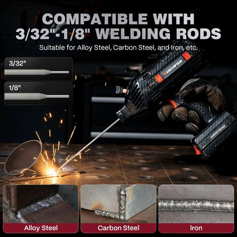 Portable 110V Stick Welder With 120A Output ARCCAPTAIN IGBT Inverter welding steel with 3/32 to 1/8 inch rods, showing metal compatibility.