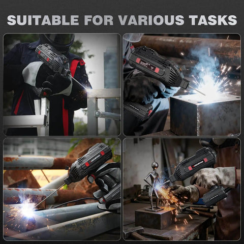 Multiple images of Portable 110V Stick Welder With 120A Output ARCCAPTAIN IGBT Inverter at work on various metal fabrication tasks.