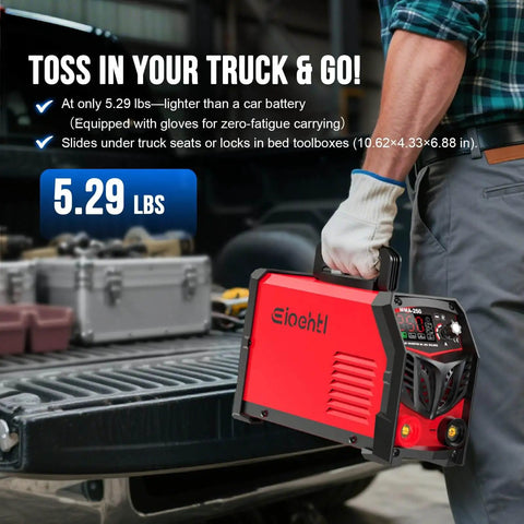Person loading a Beefy 250 Amp Stick Welder With Dual Voltage 110V And 220V Auto Switching, LED Display Arc Welding Machine into a truck.