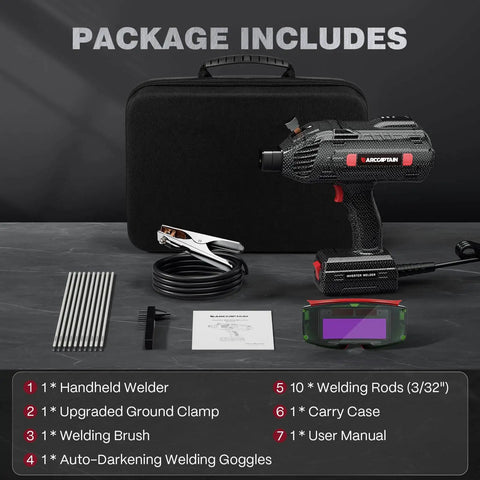 Package contents of Portable 110V Stick Welder With 120A Output ARCCAPTAIN IGBT Inverter including welder, rods, goggles, and clamps.