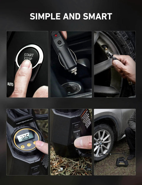Images of a Portable 12V Tire Inflator connected to a car cigarette lighter, digital pressure gauge showing 32.5 PSI, and inflating a car tire.