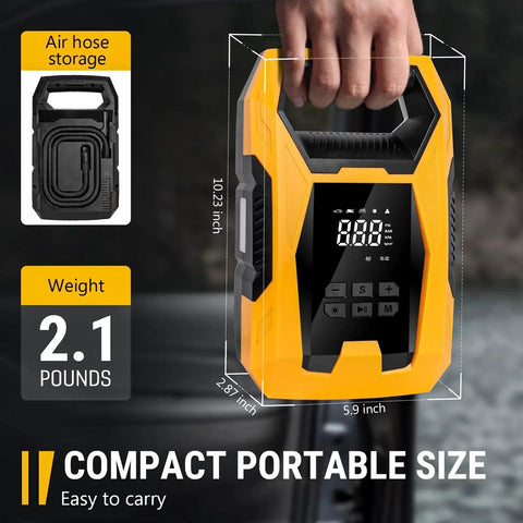AC DC Tire Inflator Portable Air Compressor With Dual Power Supply, compact size, digital gauge, person holding by handle